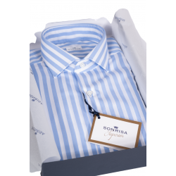 Camicia uomo Sonrisa -  Fantasia righe -  collo francese - Bianco/celeste